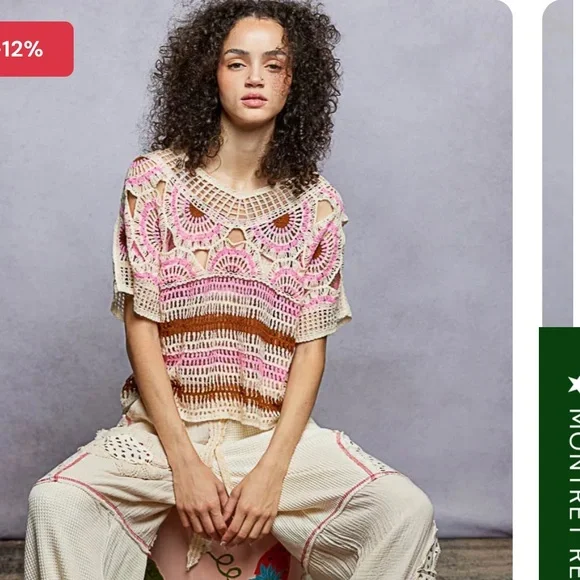 POL boho weave pattern Crochet knit Pink and Brown Top one size - Picture 2 of 10